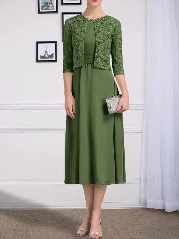 A-line Scoop Tea-Length Chiffon Mother of the Bride Dress With Pleated - Image 33