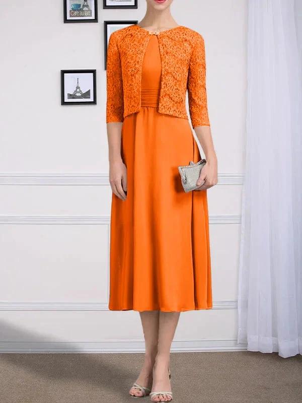 A-line Scoop Tea-Length Chiffon Mother of the Bride Dress With Pleated - Image 34
