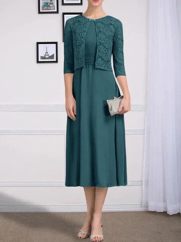 A-line Scoop Tea-Length Chiffon Mother of the Bride Dress With Pleated - Image 35