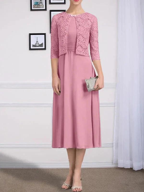 A-line Scoop Tea-Length Chiffon Mother of the Bride Dress With Pleated - Image 36