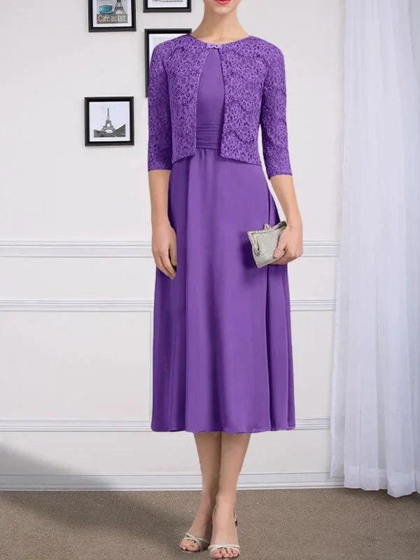 A-line Scoop Tea-Length Chiffon Mother of the Bride Dress With Pleated - Image 37