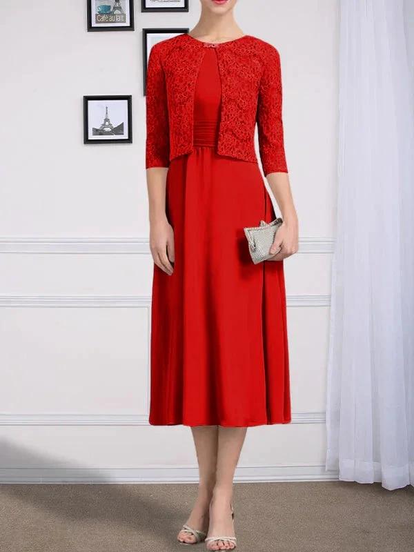 A-line Scoop Tea-Length Chiffon Mother of the Bride Dress With Pleated - Image 38