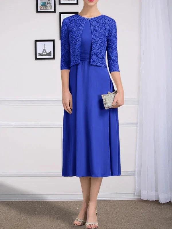 A-line Scoop Tea-Length Chiffon Mother of the Bride Dress With Pleated - Image 39