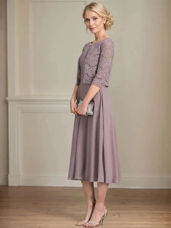 A-line Scoop Tea-Length Chiffon Mother of the Bride Dress With Pleated - Image 4