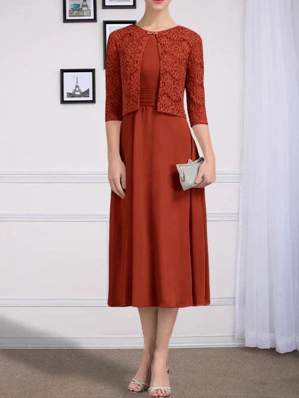 A-line Scoop Tea-Length Chiffon Mother of the Bride Dress With Pleated - Image 40