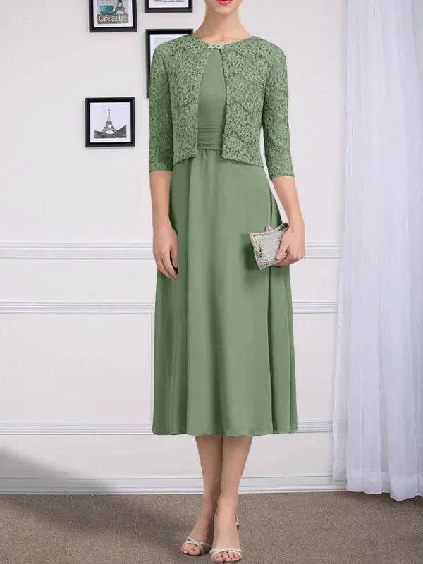 A-line Scoop Tea-Length Chiffon Mother of the Bride Dress With Pleated - Image 41