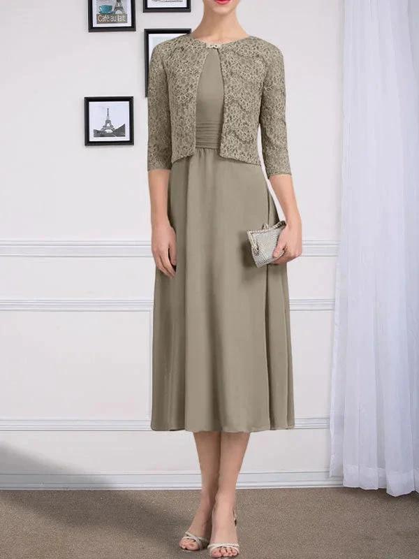 A-line Scoop Tea-Length Chiffon Mother of the Bride Dress With Pleated - Image 42