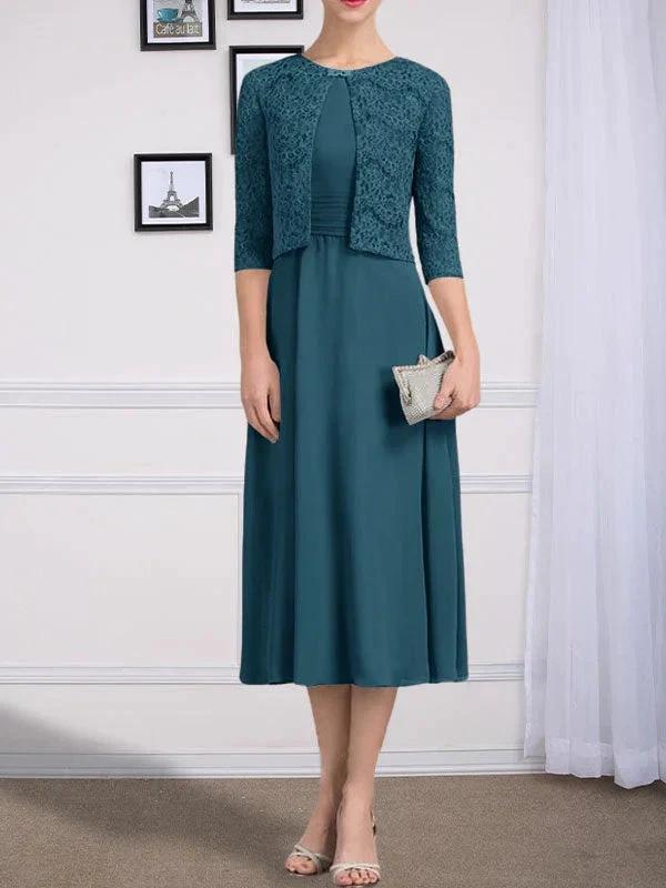 A-line Scoop Tea-Length Chiffon Mother of the Bride Dress With Pleated - Image 43