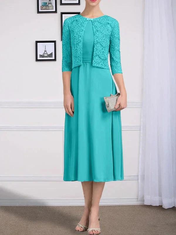A-line Scoop Tea-Length Chiffon Mother of the Bride Dress With Pleated - Image 44