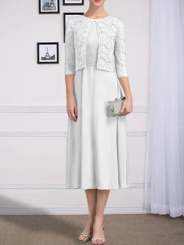 A-line Scoop Tea-Length Chiffon Mother of the Bride Dress With Pleated - Image 45