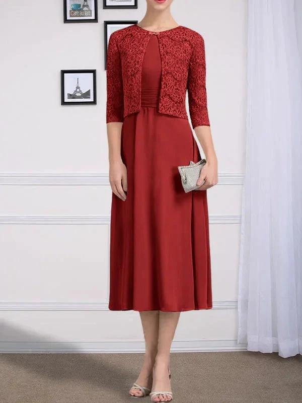 A-line Scoop Tea-Length Chiffon Mother of the Bride Dress With Pleated - Image 46