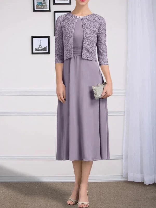 A-line Scoop Tea-Length Chiffon Mother of the Bride Dress With Pleated - Image 47
