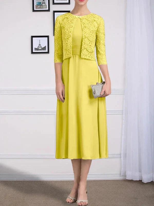 A-line Scoop Tea-Length Chiffon Mother of the Bride Dress With Pleated - Image 48