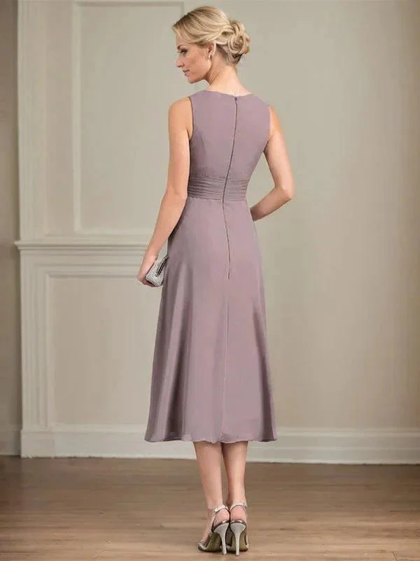 A-line Scoop Tea-Length Chiffon Mother of the Bride Dress With Pleated - Image 5