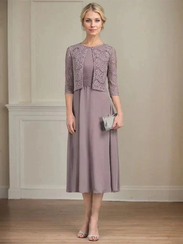 A-line Scoop Tea-Length Chiffon Mother of the Bride Dress With Pleated - Image 6
