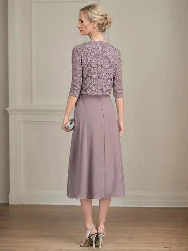 A-line Scoop Tea-Length Chiffon Mother of the Bride Dress With Pleated - Image 7