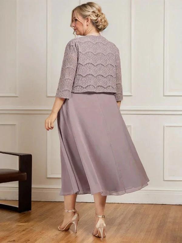 A-line Scoop Tea-Length Chiffon Mother of the Bride Dress With Pleated - Image 8