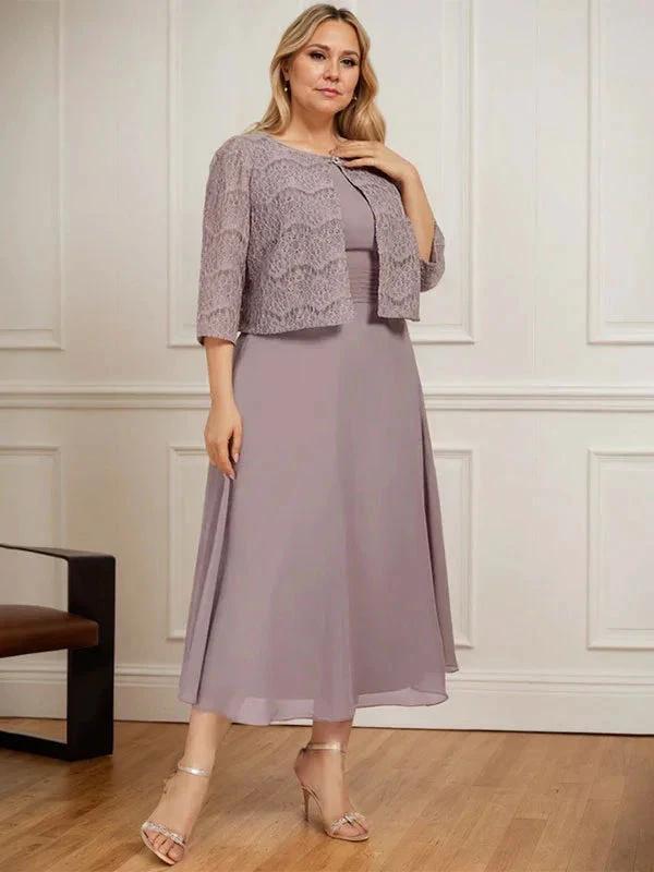 A-line Scoop Tea-Length Chiffon Mother of the Bride Dress With Pleated - Image 9