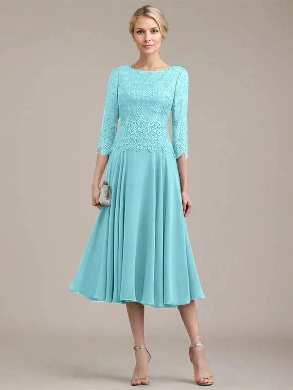 A-line Scoop Tea-Length Lace Chiffon Mother of the Bride Dress - Image 10