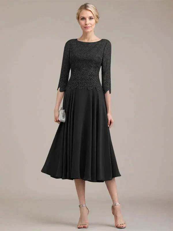 A-line Scoop Tea-Length Lace Chiffon Mother of the Bride Dress - Image 11