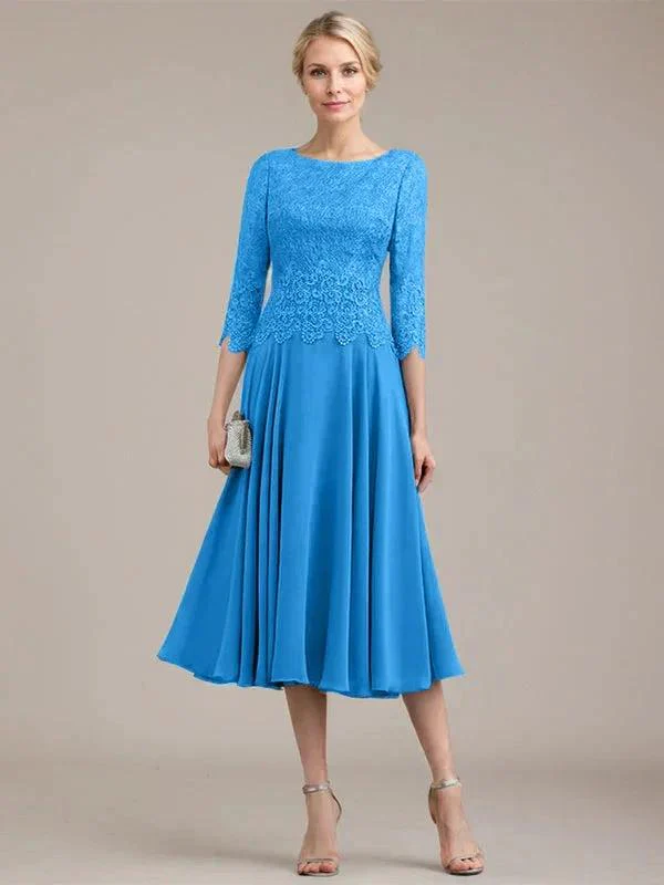 A-line Scoop Tea-Length Lace Chiffon Mother of the Bride Dress - Image 12