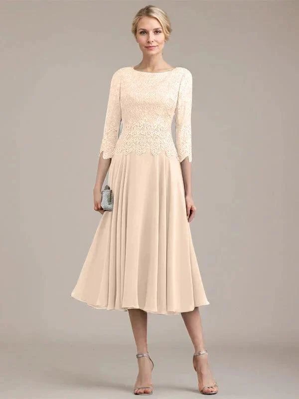 A-line Scoop Tea-Length Lace Chiffon Mother of the Bride Dress - Image 13