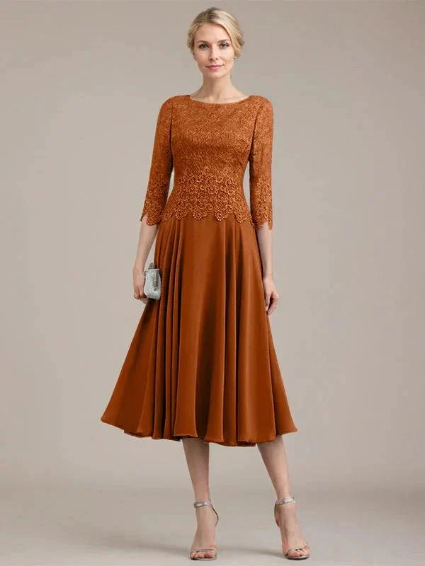 A-line Scoop Tea-Length Lace Chiffon Mother of the Bride Dress - Image 14