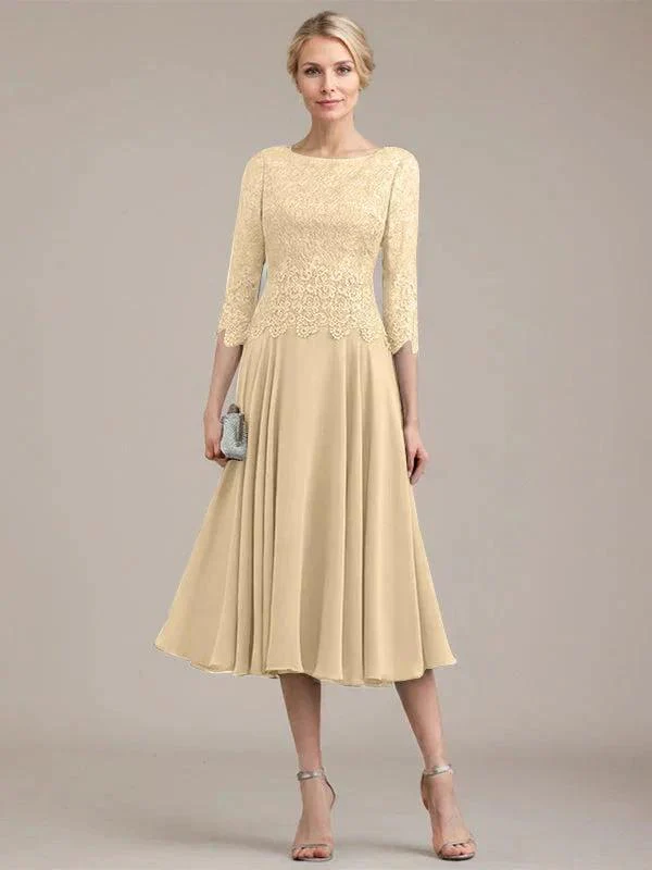 A-line Scoop Tea-Length Lace Chiffon Mother of the Bride Dress - Image 15