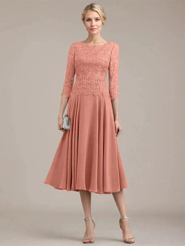 A-line Scoop Tea-Length Lace Chiffon Mother of the Bride Dress - Image 16