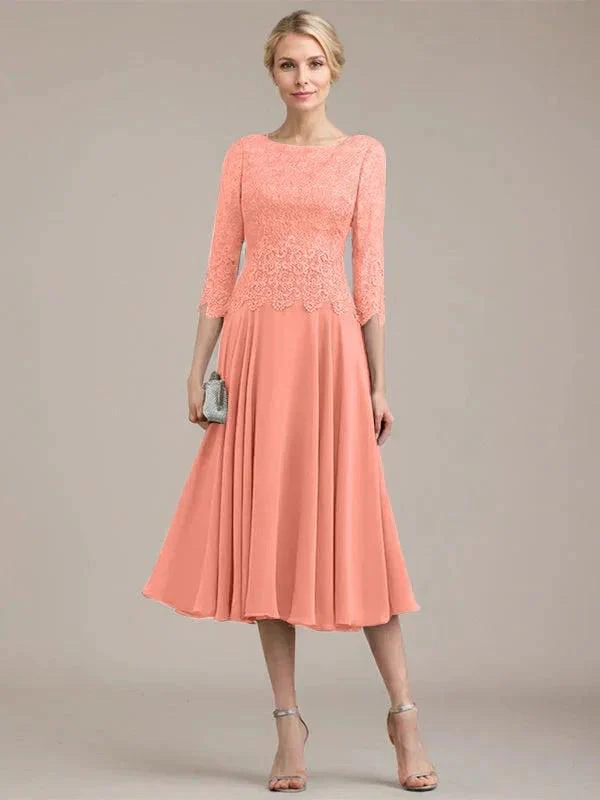 A-line Scoop Tea-Length Lace Chiffon Mother of the Bride Dress - Image 17
