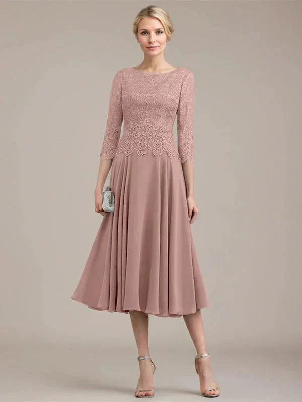 A-line Scoop Tea-Length Lace Chiffon Mother of the Bride Dress - Image 18