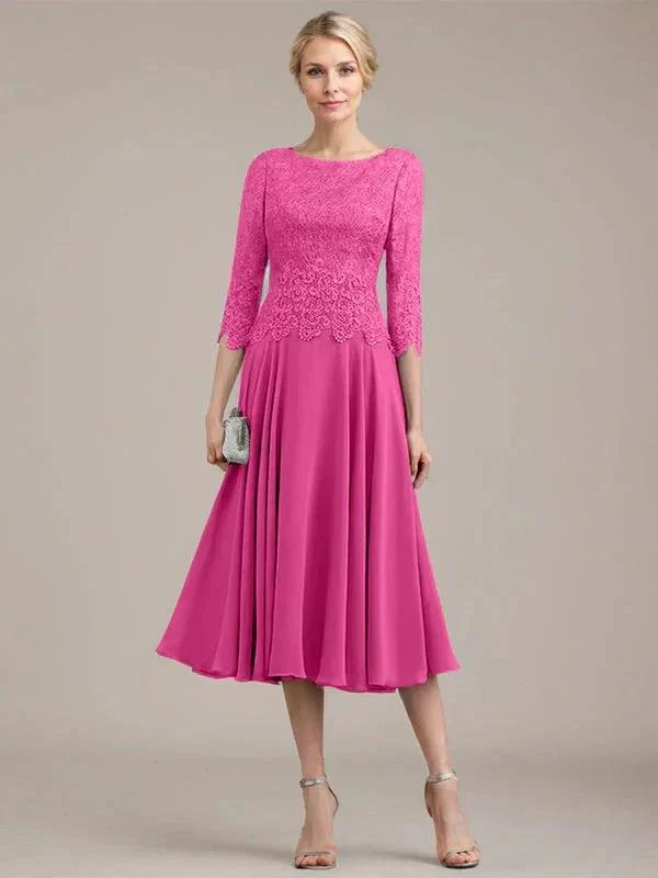 A-line Scoop Tea-Length Lace Chiffon Mother of the Bride Dress - Image 19