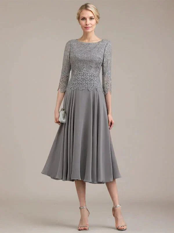 A-line Scoop Tea-Length Lace Chiffon Mother of the Bride Dress - Image 2