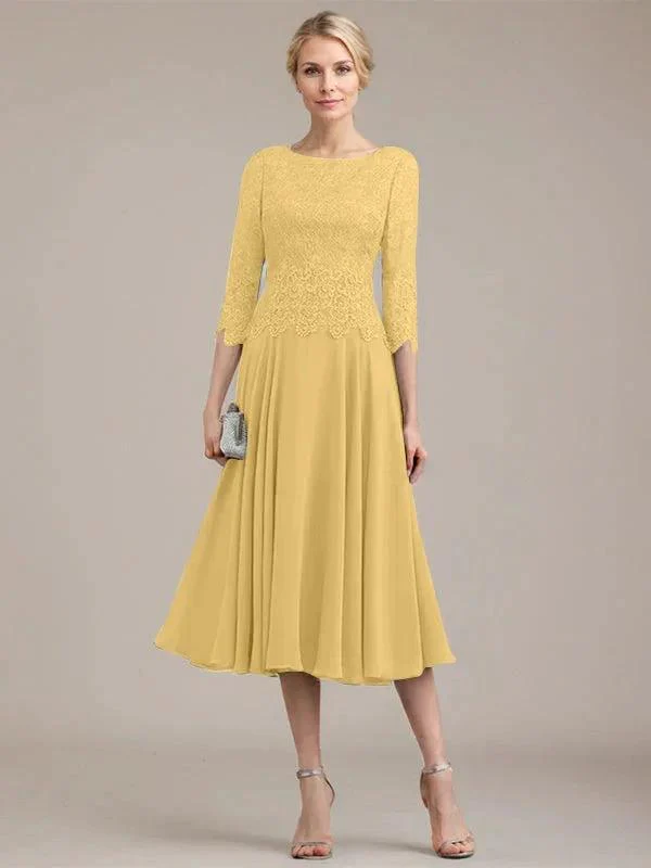 A-line Scoop Tea-Length Lace Chiffon Mother of the Bride Dress - Image 20