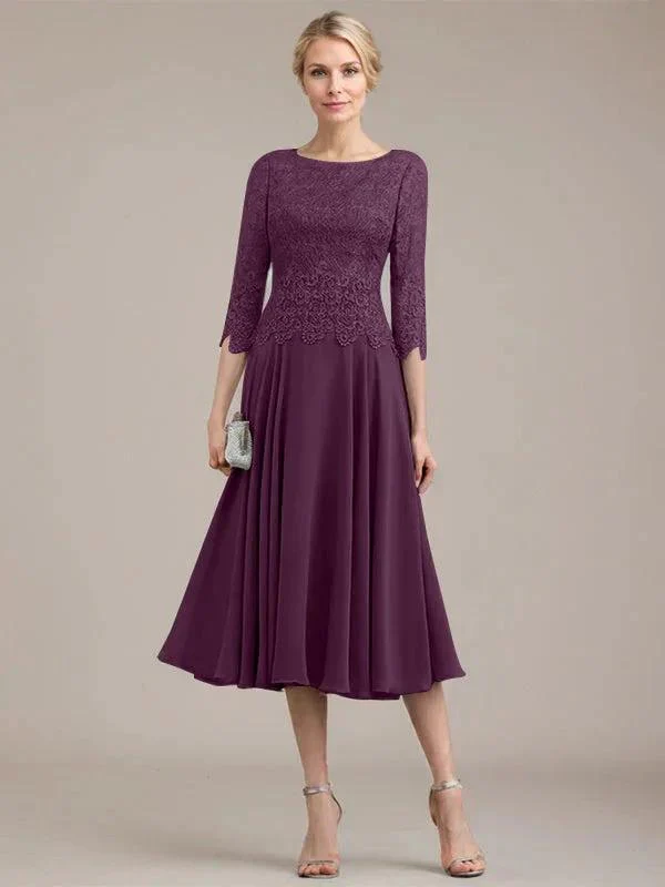 A-line Scoop Tea-Length Lace Chiffon Mother of the Bride Dress - Image 21