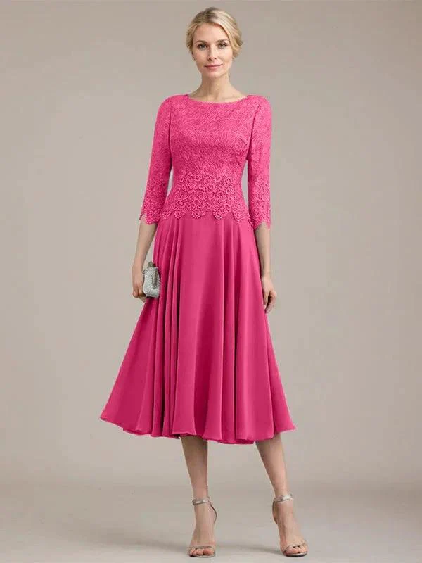 A-line Scoop Tea-Length Lace Chiffon Mother of the Bride Dress - Image 22