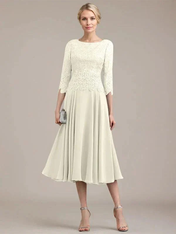 A-line Scoop Tea-Length Lace Chiffon Mother of the Bride Dress - Image 23