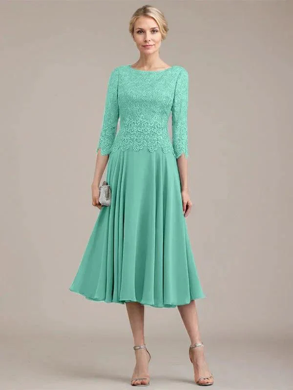 A-line Scoop Tea-Length Lace Chiffon Mother of the Bride Dress - Image 24