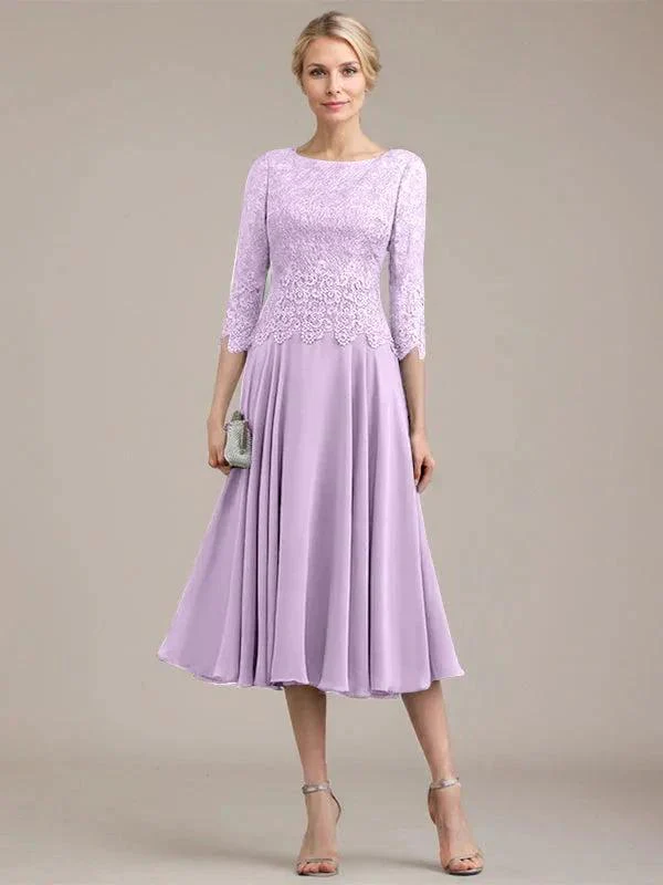 A-line Scoop Tea-Length Lace Chiffon Mother of the Bride Dress - Image 25
