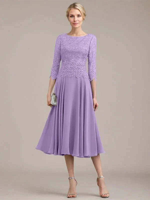 A-line Scoop Tea-Length Lace Chiffon Mother of the Bride Dress - Image 26