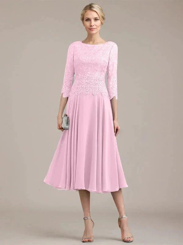 A-line Scoop Tea-Length Lace Chiffon Mother of the Bride Dress - Image 27
