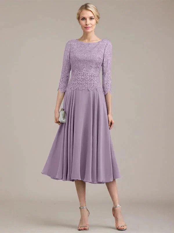 A-line Scoop Tea-Length Lace Chiffon Mother of the Bride Dress - Image 28