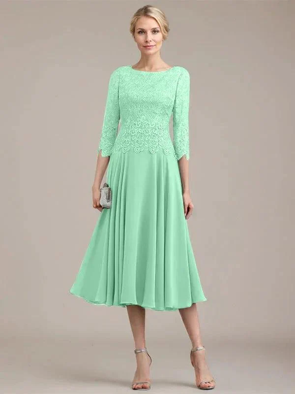A-line Scoop Tea-Length Lace Chiffon Mother of the Bride Dress - Image 29