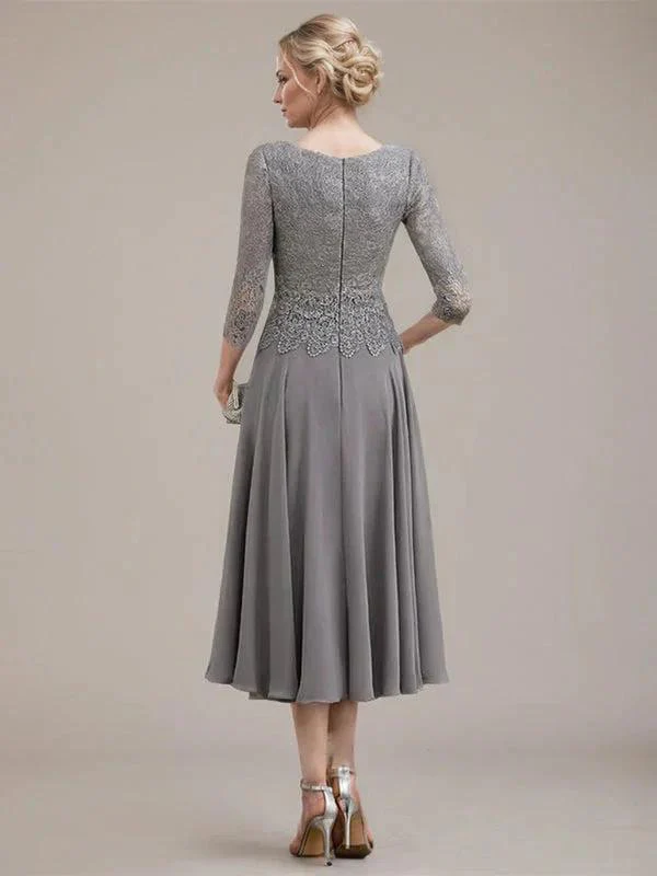 A-line Scoop Tea-Length Lace Chiffon Mother of the Bride Dress - Image 3
