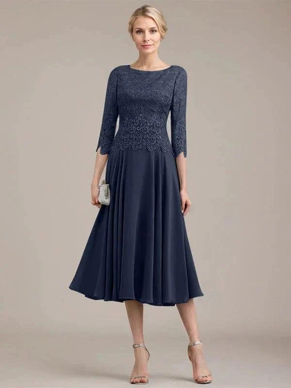 A-line Scoop Tea-Length Lace Chiffon Mother of the Bride Dress - Image 30
