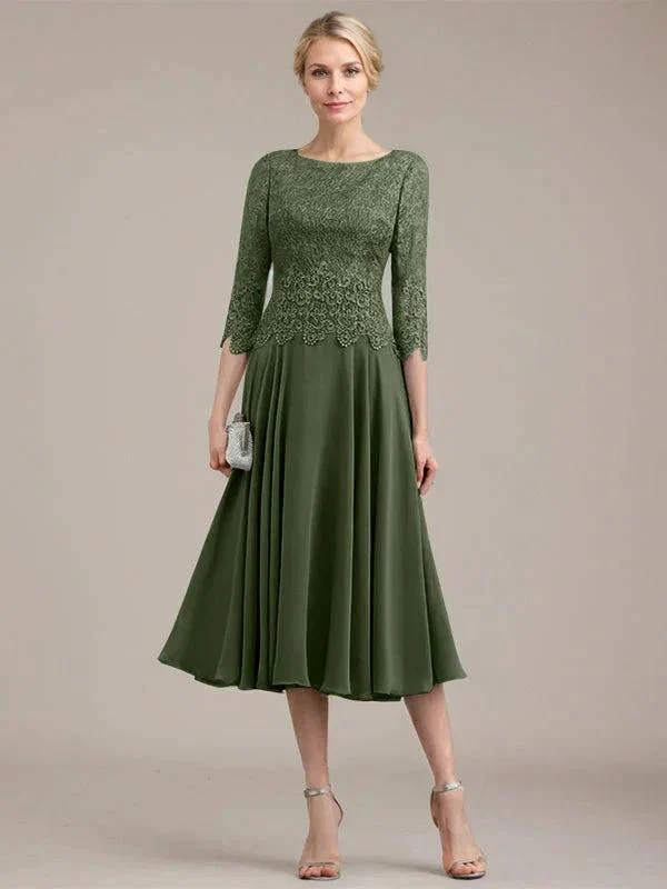 A-line Scoop Tea-Length Lace Chiffon Mother of the Bride Dress - Image 31