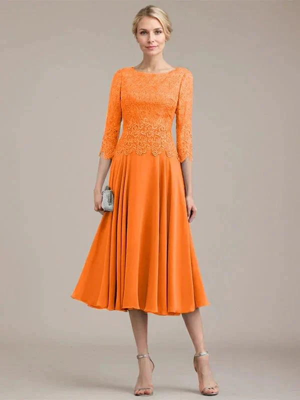 A-line Scoop Tea-Length Lace Chiffon Mother of the Bride Dress - Image 32