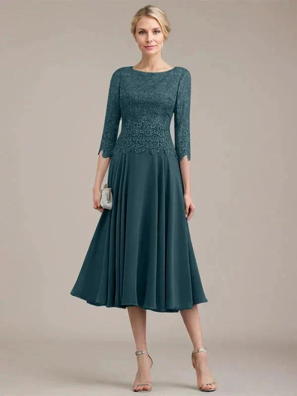 A-line Scoop Tea-Length Lace Chiffon Mother of the Bride Dress - Image 33