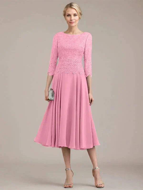 A-line Scoop Tea-Length Lace Chiffon Mother of the Bride Dress - Image 34
