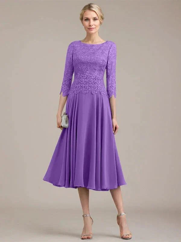 A-line Scoop Tea-Length Lace Chiffon Mother of the Bride Dress - Image 35